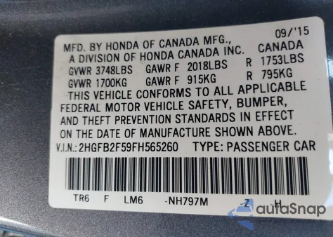 2015 Honda Civic Lx z USA, uszkodzony, nr VIN 2HGFB2F59FH565260